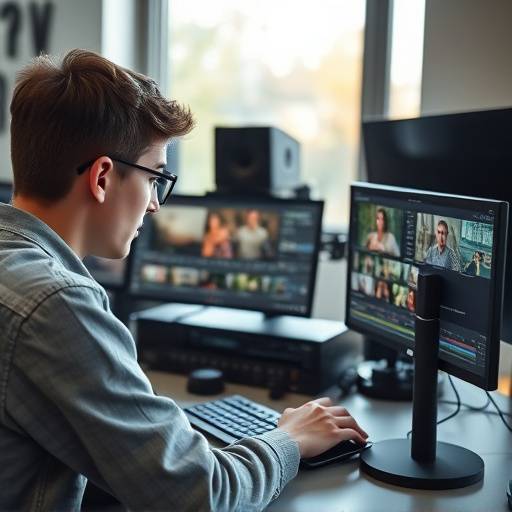 Cours de réalisation : Un étudiant travaille sur une station de montage vidéo, utilisant un logiciel professionnel.